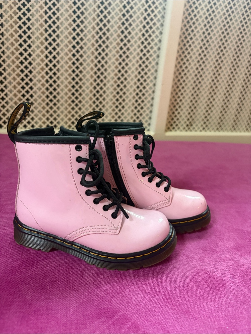 Dr. Martens Kids Bubblegum Pink Lace-Up Ankle Boots with Black Trim